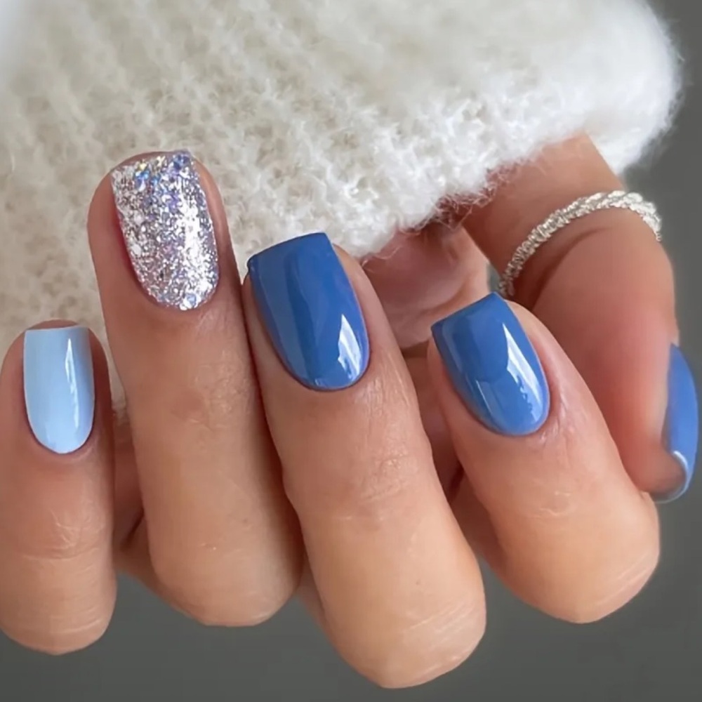 Blue and Silver Glitter Press-On Nails